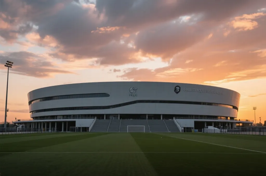An editorial view of a modern generic soccer stadium at sunset